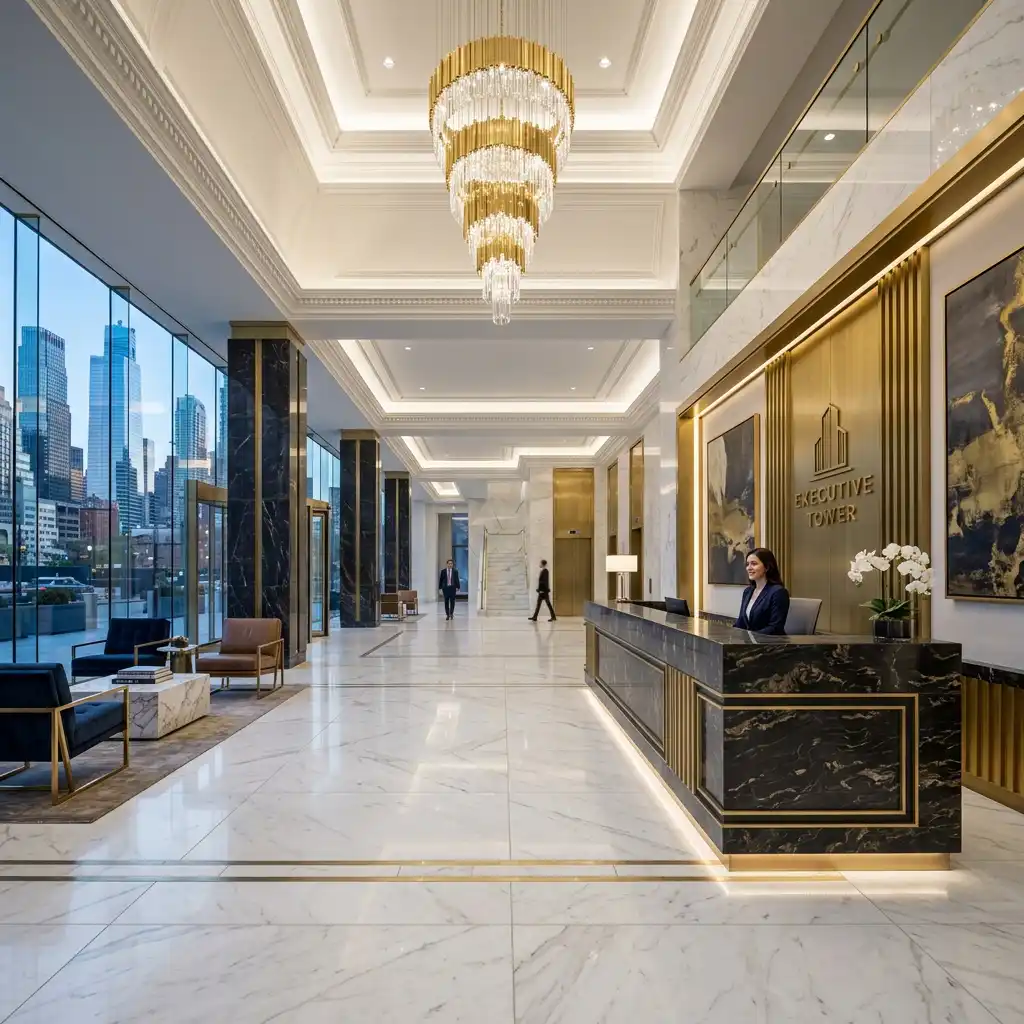 Lobby corporativo com revestimento em pedra natural — Villa Real Mármores