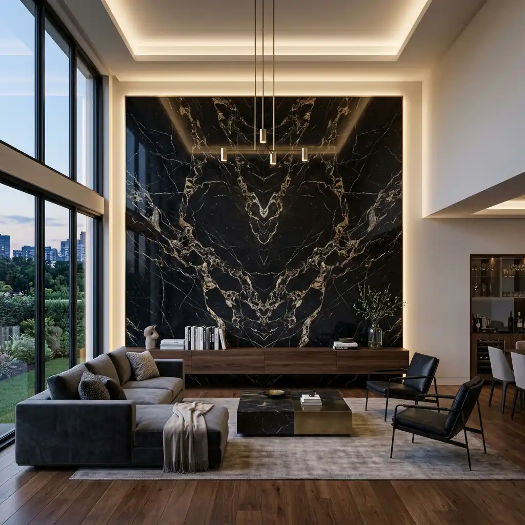 Painel em mármore Portoro com retroiluminação — Villa Real Mármores